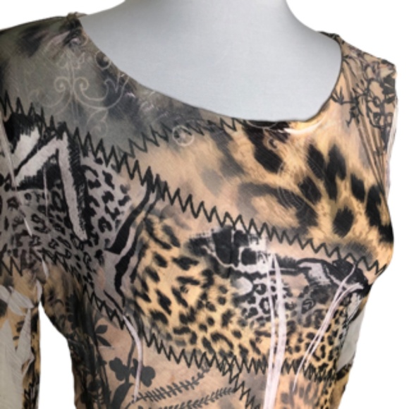 No Brand Tags Sheer Animal Print Bell Shape Sleeve Scoop Neck Tunic Size L - Picture 2 of 4